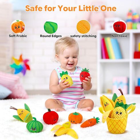 Baby Toys 6-12 Months, Sensory Fruit & Vegetable Toy Set with Rattle, Crinkle & Color Sorting Baskets, 16 PCS Montessori Fine Motor Toy for 6-18 Months, Baby Gifts for Boy Girl 6 9 Months Old in Kuwait