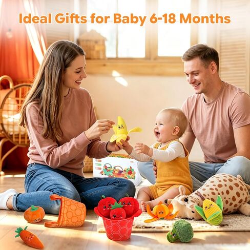 Baby Toys 6-12 Months, Sensory Fruit & Vegetable Toy Set with Rattle, Crinkle & Color Sorting Baskets, 16 PCS Montessori Fine Motor Toy for 6-18 Months, Baby Gifts for Boy Girl 6 9 Months Old in Kuwait