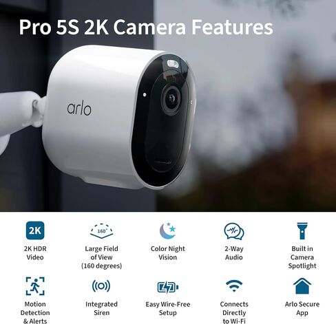Arlo Pro 5S 2K HDR wireless outdoor security camera, color night vision, 160° FOV, rechargeable battery, weatherproof, 5-camera kit, white in Kuwait