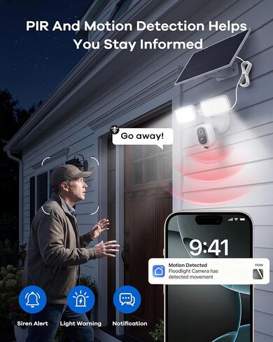 Solar Floodlight Camera Outdoor, 2K Security Camera with 1600LM Dual Lights, 24/7 Recording, PIR and Motion Alerts, Color Night Vision, 2-Way Audio, Siren, 2.4GHz WiFi, Compatible with Alexa in Kuwait