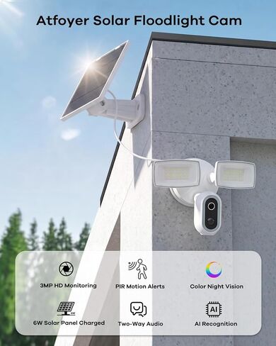Solar Floodlight Camera Outdoor, 2K Security Camera with 1600LM Dual Lights, 24/7 Recording, PIR and Motion Alerts, Color Night Vision, 2-Way Audio, Siren, 2.4GHz WiFi, Compatible with Alexa in Kuwait