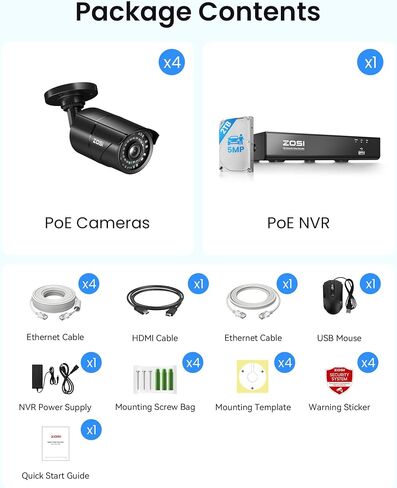 ZOSI 8 Channel 4K NVR with 4 x 5MP PoE Security Camera System, 2TB HDD | AI Human/Vehicle Detection, Instant Alerts, 120ft Night Vision, Outdoor Indoor, 24/7 Record, 16CH Expandable, Remote Access in Kuwait