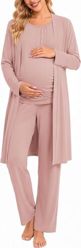 Women 3PCS Maternity Robe Set Nursing Pajamas Comfy Pregnancy Tops & Pants | Women Labor and Delivery Robe,Nursing Tank Top & Pant,Soft Breastfeeding Pjs，Comfy Pregnancy Pajama,3PCS Postpartum Louge Set in Kuwait