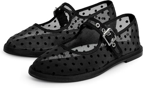 STALOV Mesh Ballet Flats for Women Polka Dot Round Toe Mary Jane Flats Strap Buckle Casual Ballerina Shoes in Kuwait