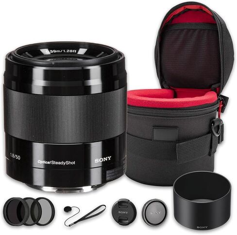 Sony E 50mm f/1.8 OSS Lens Bundle (Black) | APS-C Portrait Prime with Fast f/1.8 Aperture & Optical SteadyShot Stabilization | For Portrait & Everyday Use (SEL50F18/B) + Filter Kit + Case + Cap Keeper in Kuwait