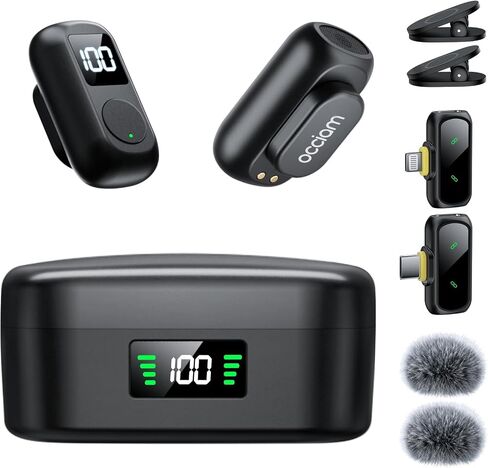 occiam Mini Lavalier Microphone for iPhone & Android Wireless Microphone | Noise Reduction Magnetic Mini Lapel Mic with 54H Charging Case for YouTube Podcast Tiktok Vlogging Video Recording Black in Kuwait