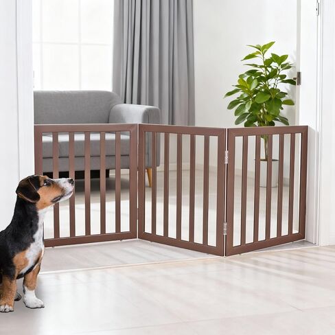 ZJSF Freestanding Indoor Dog Gate for House Foldable Wood Brown Puppy Gate for Doorways Pet Gate for Stairs Extra Wide Pet Fence 24" Height 2 Panels in Kuwait
