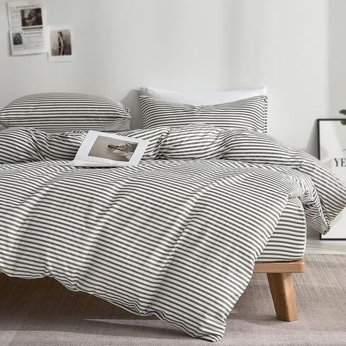 JELLYMONI 100% Cotton Classic Striped Queen Duvet Cover Set, Grey | Breathable Softness, Oeko-Tex Certified, Classic Stripes, 8 Corner Ties & Double Hidden Zipper in Kuwait
