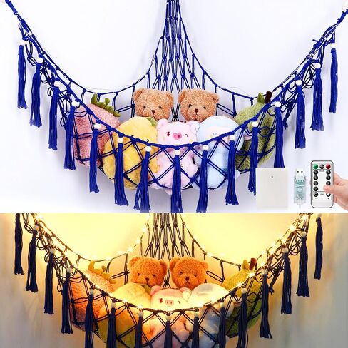 Stuffed Animal Hammock with 75LEDs, Extra Large 55in Toy Storage Macrame Hammock, Hanging Toy Net for Kids Bedroom Doll Room Corner Organizer, USB Plush Toy Hammock with Remote(XL) in Kuwait