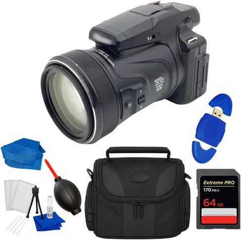 Nikon COOLPIX P1100 Digital Camera 26541 Black - SD 64GB Extreme PRO 200MB, Medium Gadget Bag, Blower, Card Reader, Cleaning Cloth, Starter Kit (7PC Accessory Bundle) in Kuwait