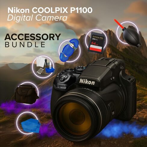 Nikon COOLPIX P1100 Digital Camera 26541 Black - SD 64GB Extreme PRO 200MB, Medium Gadget Bag, Blower, Card Reader, Cleaning Cloth, Starter Kit (7PC Accessory Bundle) in Kuwait