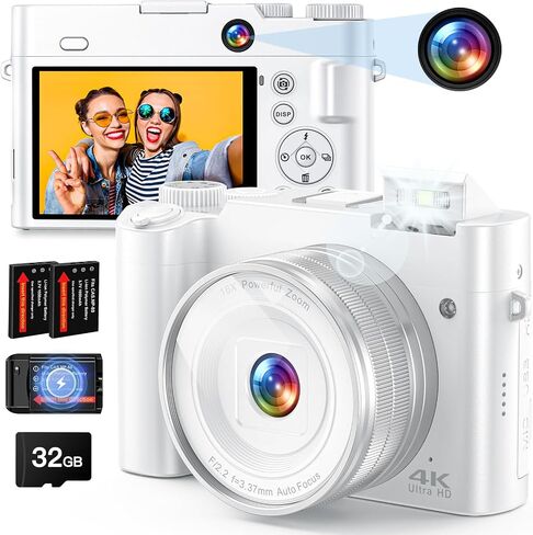 4K Digital Camera, 64MP Rear and Front Camera for Photography and Video Autofocus Anti-Shake, 3'' Selfie Flip Vlogging Camera with Ultra Bright Flash, Camera with Dial 16X Zoom (2 Batteries+Charger) in Kuwait