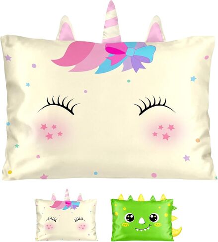 Toddler Pillowcase for 20"x30" Pillow with Cute Unicorn, 1 Pack Kids Pillowcase Soft Breathable Silky Kids Satin Pillow Case, Girls Fun 3D Design for Bedding and Hair,White Unicorn in Kuwait
