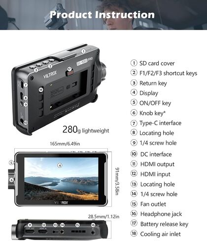 VILTROX DC-550 5.5-Inch Camera Field Monitor, 1920×1080 Full HD, 3D LUT DSLR Video with HDMI Input/Output, Audio Meter, Histogram, Peaking, False Color, Gyroscope Auto Flip in Kuwait