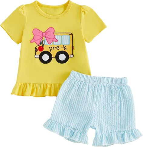 Toddler Girls Back to School Outfits Ruffle Tops Shorts 2Pcs Set | First Day Of School, Pre-K Kindergarten Outfits, Pre-K School Bus Apple Shirt, Gingham, Ruffle Hem, Puffle Sleeve. 18M-6Y. in Kuwait