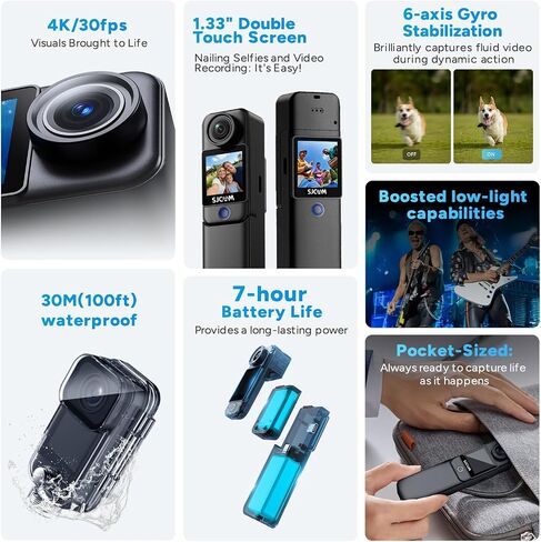 SJCAM C300 4K Action Camera with 6-Axis Stabilization, 30M Waterproof, Dual Touch Screen, Helmet Mount Kit - Portable Body Camera for Vlogging, Live Streaming(White) in Kuwait