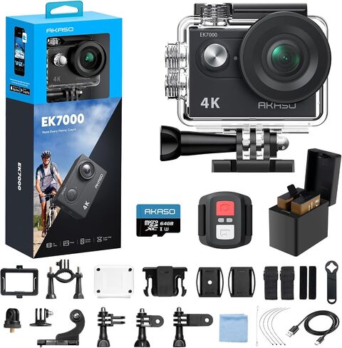 AKASO EK7000 4K30fps Action Camera - 131ft Waterproof Camera with Remote Control 4X Zoom Ultra HD 20MP Underwater Camera with Accessories Kit | 4X Zoom, Remote Control, Ultra HD, Time Lapse, Burst Photo, Self-Timer, Accessories Kit in Kuwait