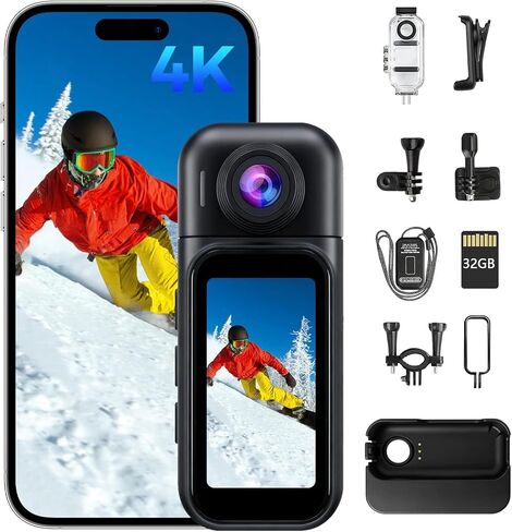 Mini Body Camera 4K Bodycam Waterproof Thumb Action Camera with APP | Hands-Free POV Vlogging Cam for Motorcycle, Cycling, Diving in Kuwait
