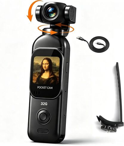 JETO 1080P Vlogging Camera with Rotating Lens, WiFi App Control | Pocket POV Camera with 150° Wide-Angle, One-Button Audio/Video Recording, Dust Bag, USB Cable, Bike Strap in Kuwait
