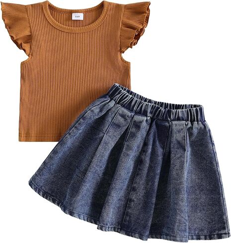 fhutpw Baby Toddler Girl Clothes Summer Knited Ruffle Shirt Tops Pleated Denim Skirt Set Kids 2T 3T 4T Outfits in Kuwait