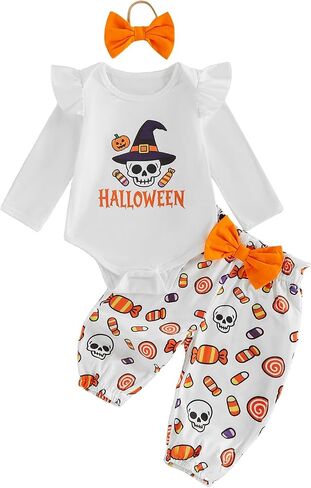 Bonangber Newborn Baby Girl Halloween Outfit Ruffle Long Sleeve Romper Bodysuit Bow Pants Set Cute Infant Fall Winter Clothes in Kuwait