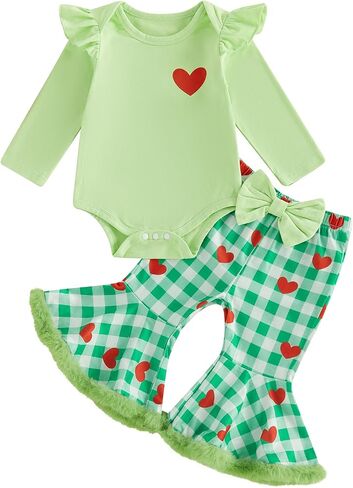 Baby Girl Christmas Outfit Newborn Ruffle Romper Flare Pants Set | My First Christmas Outfits Long Sleeve Heart Print Jumpsuit Cute Bow Plaid Bell Bottom Pant Sets Fall Winter Clothes in Kuwait