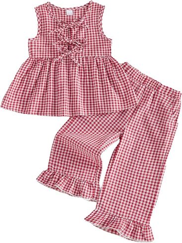 Toddler Girl Summer Clothes Baby Spring Outfits Gingham Plaid Ruffle Sleeveless Vest Tank Top and Pants Set 2Pcs in Kuwait