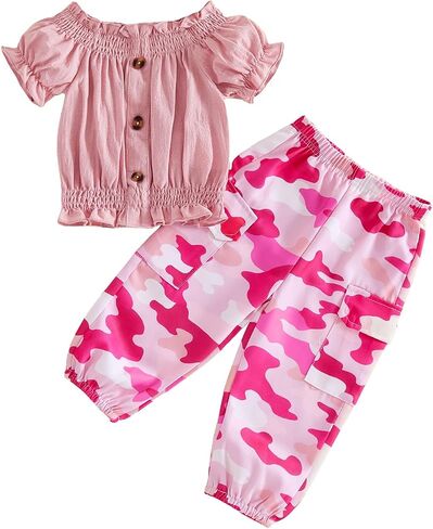 Toddler Baby Girl Summer Outfit Puff Short Sleeve Shirt Smocked Ruffle Tops and Cargo Pants Kids Camouflage Clothes in Kuwait