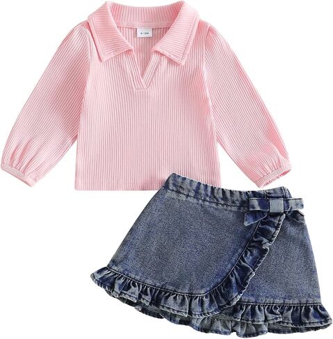 Toddler Baby Girl Fall Outfits Long Sleeve Lapel Collar Ribbed Shirt Tops Ruffle Jean Skirt Set Cute Clothes in Kuwait