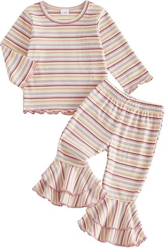 Fanvereka Toddler Kids Girls Fall Outfit 6 12 18 24 Months 2 3 4 T Girl Long Sleeve Striped Tops Bell Bottom Pants Set in Kuwait