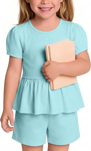 Toddler Girls 2 Piece Outfits | Puff Sleeve, Cute, Summer, Breathable, Stretchy, Casual, for Baby in Kuwait
