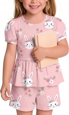 Toddler Girls 2 Piece Outfits | Puff Sleeve, Cute, Summer, Breathable, Stretchy, Casual, for Baby in Kuwait