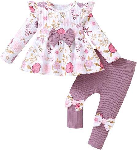 Renotemy Baby Girl Clothes Fall Winter Cute Toddler Girls Outfits 3M-3T | Long Sleeve Ribbed Sweatshirt And Pants Set,Toddler Girls Sweet Birthday Gifts,Cute Ruffle Bow Daily Holidays Clothting Set in Kuwait