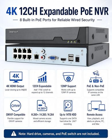 JideTech 4K PoE NVR 8-Port, Expandable Up to 16-Channel Network Video Recorder, H.265+ Security Camera System for 12MP/8MP IP Cameras, Remote View, 24/7 Recording, Fits 14TB HDD in Kuwait