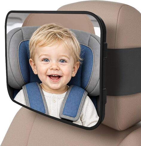 Baby Car Mirror for Rear Facing Infant Car Seats, Shatterproof Acrylic | Extra Wide Anti-Slip Strap, Universal Fits Fixed & Adjustable Headrests, HD Wide Angle View, 360° Swivel Adjustment in Kuwait