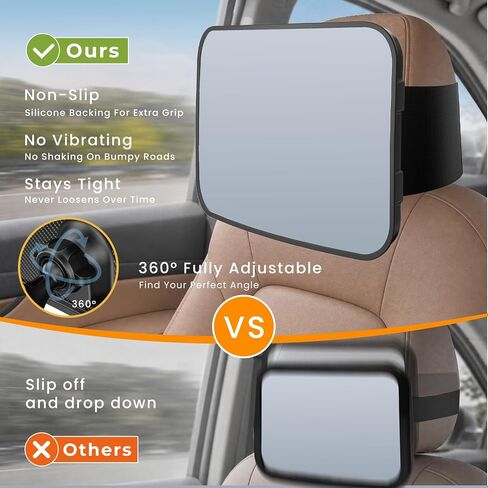 Baby Car Mirror for Rear Facing Infant Car Seats, Shatterproof Acrylic | Extra Wide Anti-Slip Strap, Universal Fits Fixed & Adjustable Headrests, HD Wide Angle View, 360° Swivel Adjustment in Kuwait