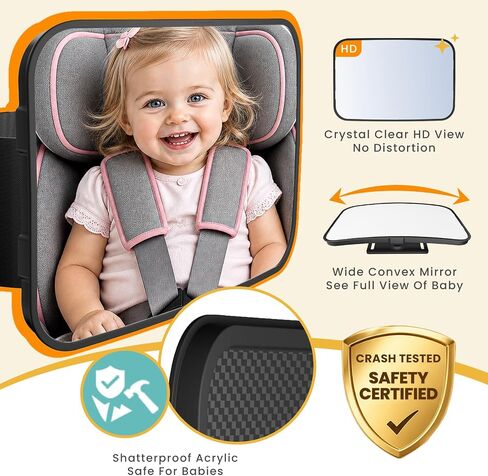 Baby Car Mirror for Rear Facing Infant Car Seats, Shatterproof Acrylic | Extra Wide Anti-Slip Strap, Universal Fits Fixed & Adjustable Headrests, HD Wide Angle View, 360° Swivel Adjustment in Kuwait