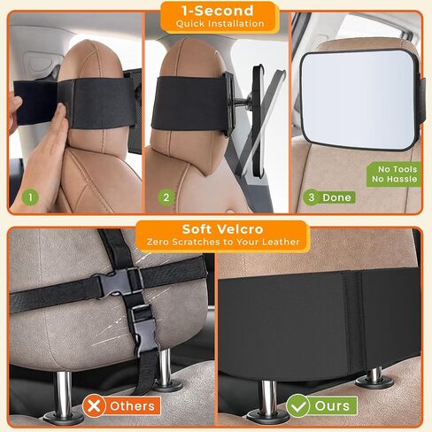 Baby Car Mirror for Rear Facing Infant Car Seats, Shatterproof Acrylic | Extra Wide Anti-Slip Strap, Universal Fits Fixed & Adjustable Headrests, HD Wide Angle View, 360° Swivel Adjustment in Kuwait