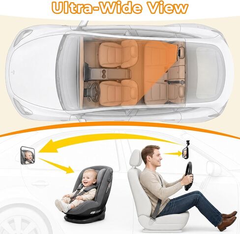 Baby Car Mirror for Rear Facing Infant Car Seats, Shatterproof Acrylic | Extra Wide Anti-Slip Strap, Universal Fits Fixed & Adjustable Headrests, HD Wide Angle View, 360° Swivel Adjustment in Kuwait