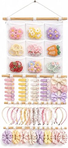 Headband Holder Hair Bows Organizer for Girls, 9 Mesh Pockets Wall Hanging Hair Accessories Organizer with Multiple Hooks, Large Capacity Storage Display for Hair Clips, Scrunchies, Nursery Room Decor in Kuwait
