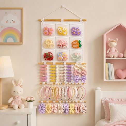 Headband Holder Hair Bows Organizer for Girls, 9 Mesh Pockets Wall Hanging Hair Accessories Organizer with Multiple Hooks, Large Capacity Storage Display for Hair Clips, Scrunchies, Nursery Room Decor in Kuwait