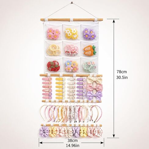 Headband Holder Hair Bows Organizer for Girls, 9 Mesh Pockets Wall Hanging Hair Accessories Organizer with Multiple Hooks, Large Capacity Storage Display for Hair Clips, Scrunchies, Nursery Room Decor in Kuwait