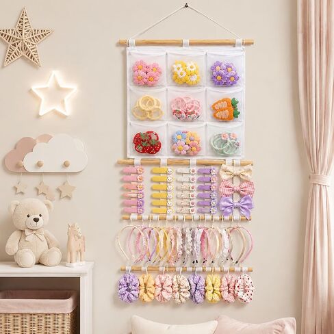 Headband Holder Hair Bows Organizer for Girls, 9 Mesh Pockets Wall Hanging Hair Accessories Organizer with Multiple Hooks, Large Capacity Storage Display for Hair Clips, Scrunchies, Nursery Room Decor in Kuwait
