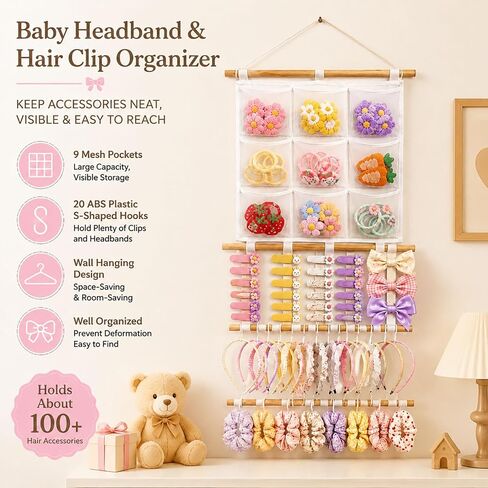Headband Holder Hair Bows Organizer for Girls, 9 Mesh Pockets Wall Hanging Hair Accessories Organizer with Multiple Hooks, Large Capacity Storage Display for Hair Clips, Scrunchies, Nursery Room Decor in Kuwait