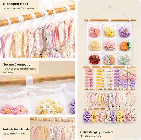 Headband Holder Hair Bows Organizer for Girls, 9 Mesh Pockets Wall Hanging Hair Accessories Organizer with Multiple Hooks, Large Capacity Storage Display for Hair Clips, Scrunchies, Nursery Room Decor in Kuwait