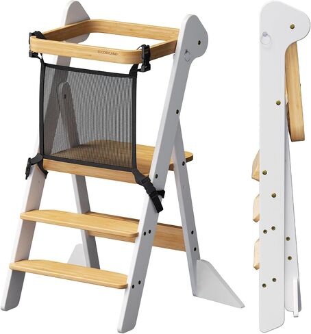COSYLAND Toddler Tower Standing Foldable Kids Step Stool Kitchen Helper | iF Design Award,Adjustable Height Toddler Learning Helper Stool Safety Net & 2 Large Support Legs-(White & Natural)-Foldi in Kuwait