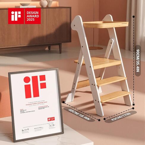 COSYLAND Toddler Tower Standing Foldable Kids Step Stool Kitchen Helper | iF Design Award,Adjustable Height Toddler Learning Helper Stool Safety Net & 2 Large Support Legs-(White & Natural)-Foldi in Kuwait