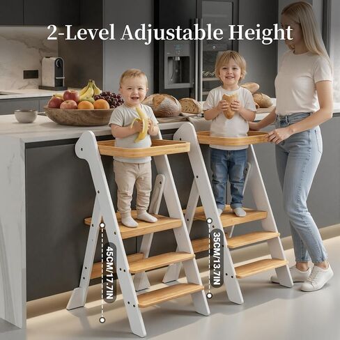 COSYLAND Toddler Tower Standing Foldable Kids Step Stool Kitchen Helper | iF Design Award,Adjustable Height Toddler Learning Helper Stool Safety Net & 2 Large Support Legs-(White & Natural)-Foldi in Kuwait