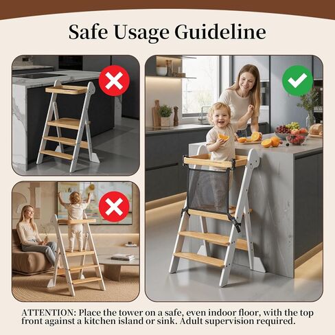 COSYLAND Toddler Tower Standing Foldable Kids Step Stool Kitchen Helper | iF Design Award,Adjustable Height Toddler Learning Helper Stool Safety Net & 2 Large Support Legs-(White & Natural)-Foldi in Kuwait