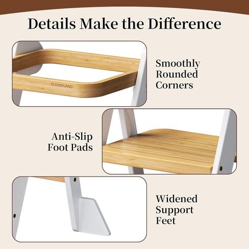 COSYLAND Toddler Tower Standing Foldable Kids Step Stool Kitchen Helper | iF Design Award,Adjustable Height Toddler Learning Helper Stool Safety Net & 2 Large Support Legs-(White & Natural)-Foldi in Kuwait